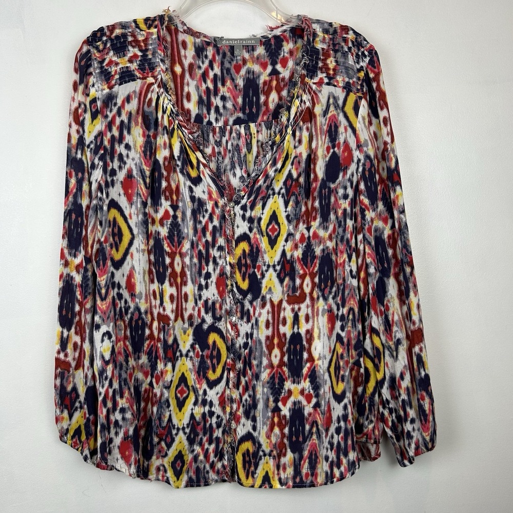 Daniel Rainn Top Womens Large Print Boho Blouse Shirt Button Art to Wear